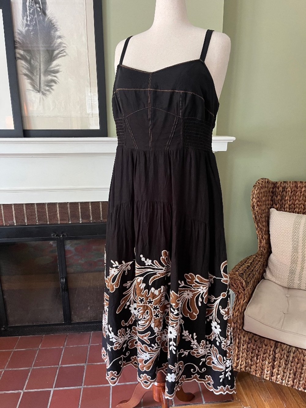 By Anthropologie Embroidered Corset Midi Dress | Black Appliqué | 2X